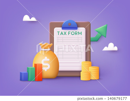 Tax payment and business tax concept. Money bags, coins, calculator and tax form. Online Tax payment. 3D Web Vector Illustrations. Tax payment and business tax concept. Money bags, coins, calculator and tax form. Online Tax payment. 3D Web Vector Illustrations. 140679177
