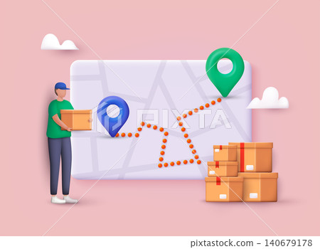Map with delivery tracking. GPS navigator pointer. 3D Web Vector Illustrations. Map with delivery tracking. GPS navigator pointer. 3D Web Vector Illustrations. 140679178