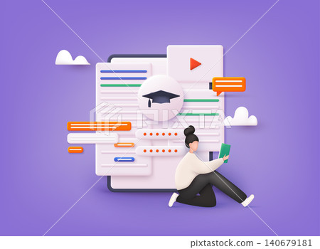Online education concept. Application learning. E-learning pages. 3D Vector Illustrations. Online education concept. Application learning. E-learning pages. 3D Vector Illustrations. 140679181