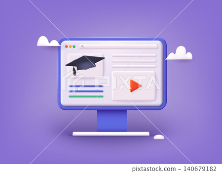Online education on website. Application learning. Computer with open pages. 3D Vector Illustrations. Online education on website. Application learning. Computer with open pages. 3D Vector Illustrations. 140679182