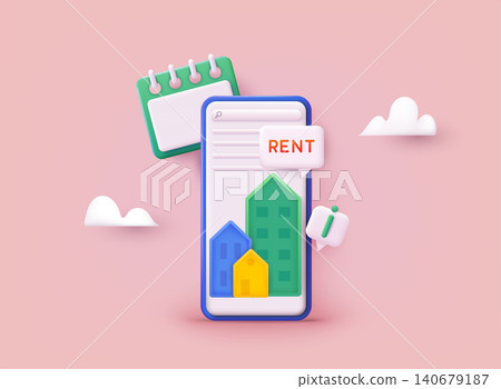 Real estate concept. Real Estate online sale or rent concept. Mobile app template. Real estate booking app on smartphone screen. 3D Web Vector Illustrations. Real estate concept. Real Estate online sale or rent concept. Mobile app template. Real estate booking app on smartphone screen. 3D Web Vector Illustrations. 140679187