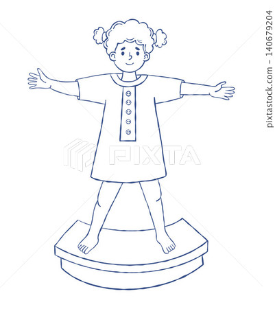Funny Girl on Wobble Balance Board. Outline Child Balancing on Wooden Rocker Board. Vector Illustration. Line Art Hand Drawn. ADHD Cerebellar Stimulation Therapy Tool for Kids Coordination 140679204
