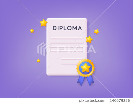 Icon of graduation certificate, diploma. Winner certificate. 3D Vector Illustrations. Icon of graduation certificate, diploma. Winner certificate. 3D Vector Illustrations. 140679236