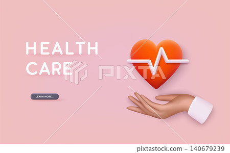 Red Medic blood pressure , cardiogram, health EKG, ECG logo. Vector cartoon arm holding gesture. 3D Web Vector Illustrations. 140679239