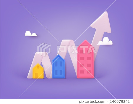 Housing price rising up, real estate investment or property growth concept. Arrow chart rising house prices. 3D Web Vector Illustrations. Housing price rising up, real estate investment or property growth concept. Arrow chart rising house prices. 3D Web Vector Illustrations. 140679241