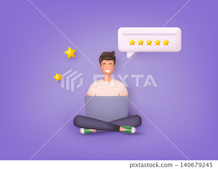 Character Giving Five Star Feedback. Vector customer review concepts. Reviews stars with good and bad rate and text. 3D Web Vector Illustrations. Character Giving Five Star Feedback. Vector customer review concepts. Reviews stars with good and bad rate and text. 3D Web Vector Illustrations. 140679245