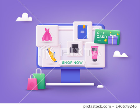 Online shopping. Design graphic elements, signs, symbols. Mobile marketing and digital marketing. 3D Web Vector Illustrations. Online shopping. Design graphic elements, signs, symbols. Mobile marketing and digital marketing. 3D Web Vector Illustrations. 140679246
