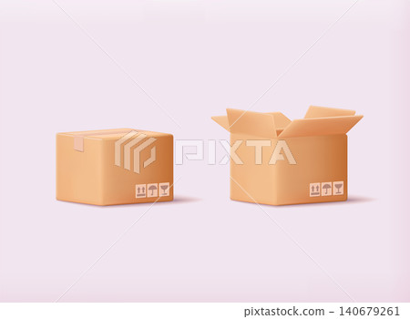 Carton delivery packaging open and closed box with fragile signs. Cardboard box mockup set. 3D Web Vector Illustrations. 140679261