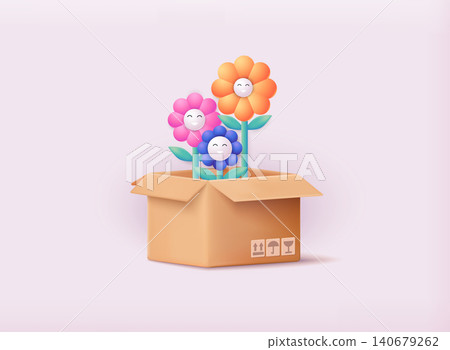 Flower delivery concept. Flower in box. 3D Web Vector Illustrations. 140679262