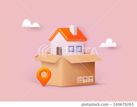 Moving and relocation concept. House in box. 3D Web Vector Illustrations. Moving and relocation concept. House in box. 3D Web Vector Illustrations. 140679263