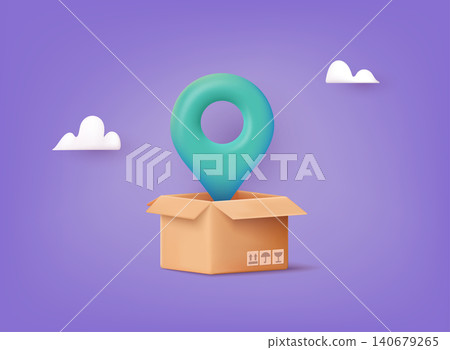 Cardboard delivery box with location pin. Order or parcel tracking. Navigation point. 3D Web Vector Illustrations. 140679265