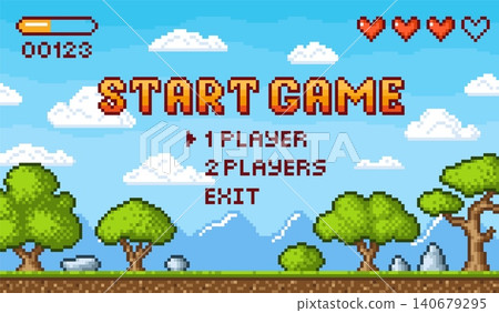 Start new game pixel art. 8-bit arcade computer play interface. Nature location with tree, mountain, clouds and stones. Score and energy bars, tidy vector scene Start new game pixel art. 8-bit arcade computer play interface. Nature location with tree, mountain, clouds and stones. Score and energy bars, tidy vector scene 140679295