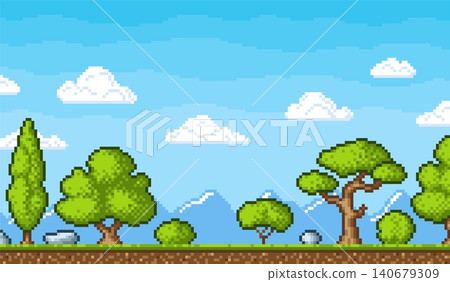 Pixel game nature background. 8-bit computer arcade play location with tree, clouds, mountains. Trendy pixelated backdrop, retro style tidy vector scene Pixel game nature background. 8-bit computer arcade play location with tree, clouds, mountains. Trendy pixelated backdrop, retro style tidy vector scene 140679309