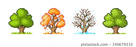 Seasonal tree pixel art. Trees in seasons, summer autumn winter and spring. 8-bit arcade game elements. Plant with green yellow foliage, tidy vector set Seasonal tree pixel art. Trees in seasons, summer autumn winter and spring. 8-bit arcade game elements. Plant with green yellow foliage, tidy vector set 140679310