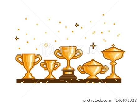 Winner shelf with golden trophies. Gold cups different pixelated design with glossy sparkles confetti. Pixel art win gifts in business, competition, vector scene 140679328
