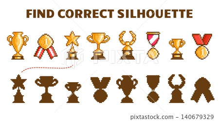 Find correct shadow. Pixel art trophies, pixelated winner golden cups and medals. Simple game for children magazine, attention development, vector template Find correct shadow. Pixel art trophies, pixelated winner golden cups and medals. Simple game for children magazine, attention development, vector template 140679329