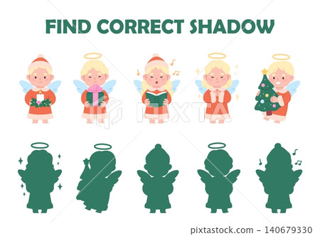 Find correct shadow children play. Funny christmas angels characters. New Year holidays, winter kids in angel costumes. Festive simple game vector template 140679330