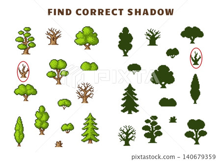 Children game for developing attention. Find correct shadow. Pixel art tree and bush, 8-bit game arcade elements. Kindergarten play vector template 140679359
