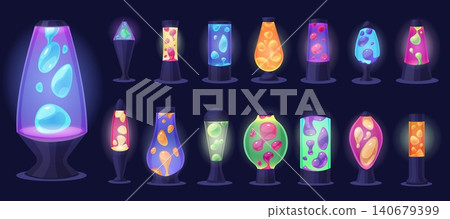 Retro funky lava lamp. Floating colorful magma shapes in different lamps simple design. Decorative home interior accessories, cartoon nowaday vector set 140679399