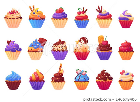 Sweet cupcakes. Bakery, cafe or cafeteria desserts. Baking food for party or gift. Bright cupcake with stars, sugar pearls, creamy cup, cookies, nowaday vector set 140679406