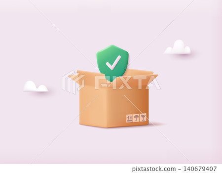 Shipping insurance for freight cargo delivery and parcel package transportation protection coverage. 3D Vector Illustrations. Shipping insurance for freight cargo delivery and parcel package transportation protection coverage. 3D Vector Illustrations. 140679407