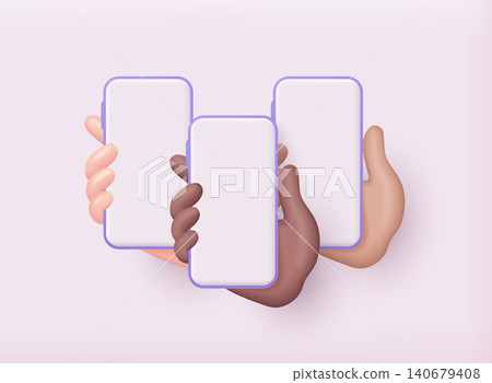 Hands holding smartphone isolated on white background. 3D Vector Illustrations. Hands holding smartphone isolated on white background. 3D Vector Illustrations. 140679408