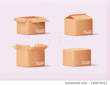 Carton delivery packaging open and closed box with fragile signs. Cardboard box mockup set. 3D Vector Illustrations. 140679421