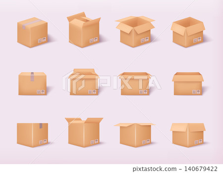 Carton delivery packaging open and closed box with fragile signs. Cardboard box mockup set. 3D Web Vector Illustrations. 140679422