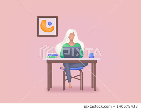 Young woman working on a computer. Freelance or studying concept. 3D Web Vector Illustrations. Young woman working on a computer. Freelance or studying concept. 3D Web Vector Illustrations. 140679438