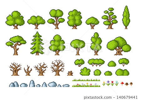 Pixel art game nature elements. Green and dry tree, flowers, stone, bush and grass. Retro pixelated 8 bit icons for arcade game landscape, tidy vector set Pixel art game nature elements. Green and dry tree, flowers, stone, bush and grass. Retro pixelated 8 bit icons for arcade game landscape, tidy vector set 140679441