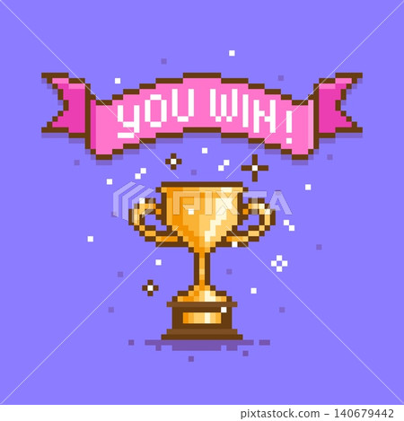 Pixel winner background. Arcade retro game banner with golden goblet, you win ribbon and confetti. 8 bit style graphic design, pixelated tidy vector poster Pixel winner background. Arcade retro game banner with golden goblet, you win ribbon and confetti. 8 bit style graphic design, pixelated tidy vector poster 140679442