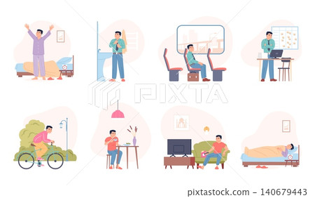Man daily life. Everyday living activities single adult character. Wake up, working, doing sport and hobby, eating, evening relax, watch tv, recent vector scenes Man daily life. Everyday living activities single adult character. Wake up, working, doing sport and hobby, eating, evening relax, watch tv, recent vector scenes 140679443