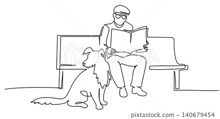 continuous single line drawing of man on bench reading a newspaper, line art vector illustration continuous single line drawing of man on bench reading a newspaper, line art vector illustration 140679454