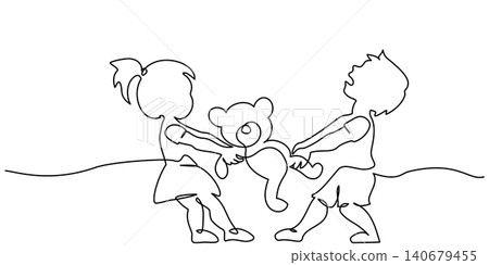 Little girl and boy fighting over toy teddy bear. Continuous one line drawing 140679455