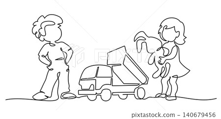 Cute girl and boy playing with toys at home. Continuous one line drawing. Cute girl and boy playing with toys at home. Continuous one line drawing. 140679456