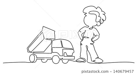 Little boy proud of his big dump truck toy. Continuous one line drawing. Little boy proud of his big dump truck toy. Continuous one line drawing. 140679457