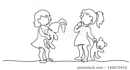 Cute two girls playing with toys at home. Continuous one line drawing Cute two girls playing with toys at home. Continuous one line drawing 140679458