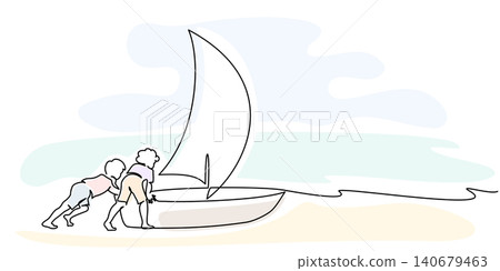 Two boys push sailboat to sea. Continuous one line drawing. Happy kids sailing boat. Two boys push sailboat to sea. Continuous one line drawing. Happy kids sailing boat. 140679463