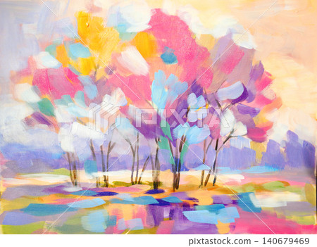 Spring blossom trees. Hand drawn oil painting Spring blossom trees. Hand drawn oil painting 140679469