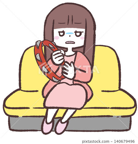 一幅描繪一位表情無聊的女子敲著鈴鼓的插圖。 一幅描繪一位表情無聊的女子敲著鈴鼓的插圖。 140679496