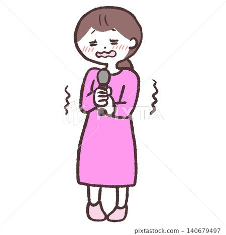 An illustration of a woman holding a microphone and looking nervous. An illustration of a woman holding a microphone and looking nervous. 140679497