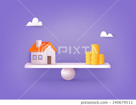 Financial home loan management concept. Coin compare house on weighing scale, financial investing, money-saving. 3D Web Vector Illustrations. Financial home loan management concept. Coin compare house on weighing scale, financial investing, money-saving. 3D Web Vector Illustrations. 140679511