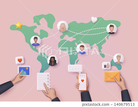 Global communication network. Social media communication systems and technologies. 3D Web Vector Illustrations. Global communication network. Social media communication systems and technologies. 3D Web Vector Illustrations. 140679513