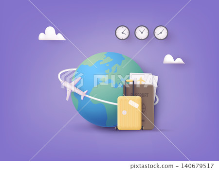 Time to travel banner. Trip banner with passport, tickets, travel bag. 3D Web Vector Illustrations. Time to travel banner. Trip banner with passport, tickets, travel bag. 3D Web Vector Illustrations. 140679517