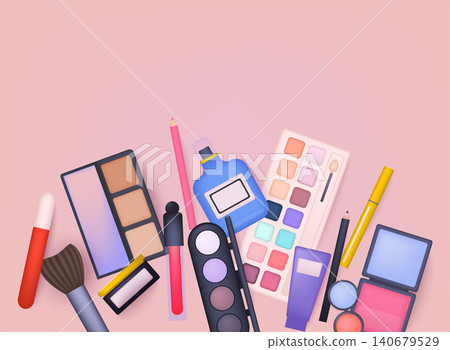 Cosmetics make up set, big collection makeup product, powder, lipstick, mascara, makeup brush, eye shadow. 3D Web Vector Illustrations. 140679529