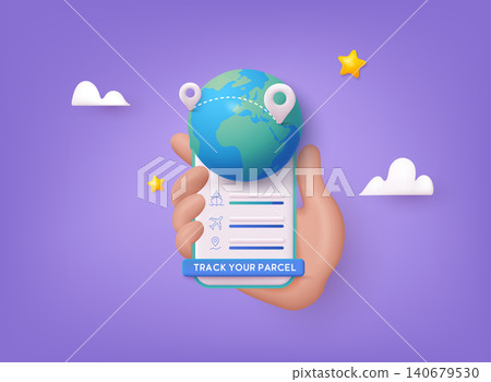 Hand holding mobile smart phone with app delivery tracking.Delivery concept. 3D Vector Illustrations. Hand holding mobile smart phone with app delivery tracking.Delivery concept. 3D Vector Illustrations. 140679530