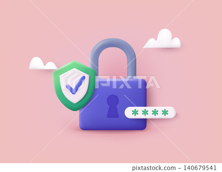 Lock with shield and check mark. Data protection, safety, encryption, protection, privacy concept. 3D Vector Illustrations. Lock with shield and check mark. Data protection, safety, encryption, protection, privacy concept. 3D Vector Illustrations. 140679541