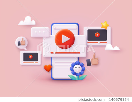 Video channel online icon. Video windows flying in air. Internet video clips and tube concept. 3D Web Vector Illustrations. Video channel online icon. Video windows flying in air. Internet video clips and tube concept. 3D Web Vector Illustrations. 140679554