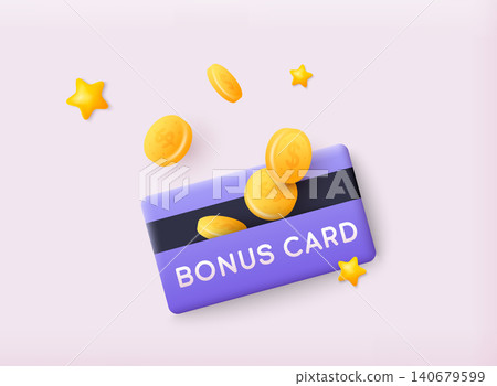 Bonus card, loyalty program, earn reward. 3D Web Vector Illustrations. Bonus card, loyalty program, earn reward. 3D Web Vector Illustrations. 140679599