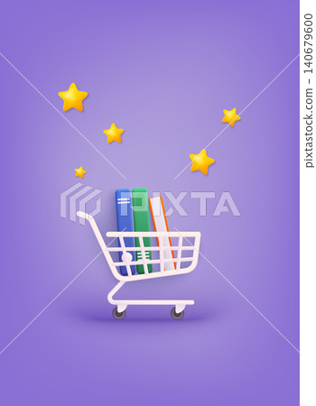 Shopping trolley with color books. Shopping cart with books. 3D Web Vector Illustrations. Shopping trolley with color books. Shopping cart with books. 3D Web Vector Illustrations. 140679600